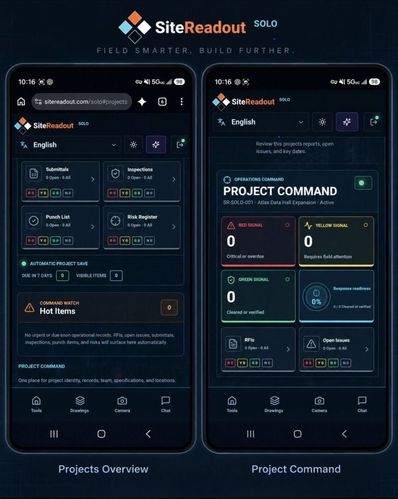 SiteReadout SOLO mobile interface: Projects Overview and Project Command, showing RFIs, open issues, submittals, inspections, punch list and risk register